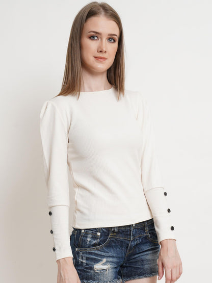 POPWINGS Casual Solid Puff Button Long Sleeves Tops for Women || Summer Round Neck Tops for Women || Stylish Western Top for Jea