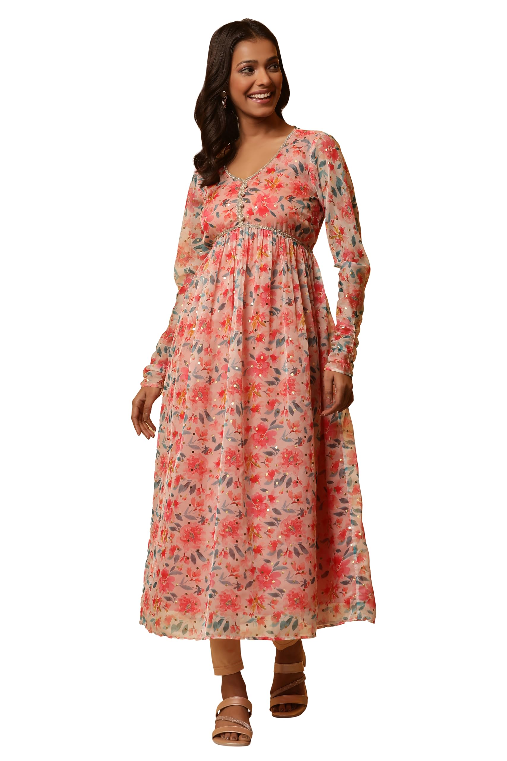 Aurelia Women Pink Floral Print Viscose Flared Kurta_24FEA15217_M