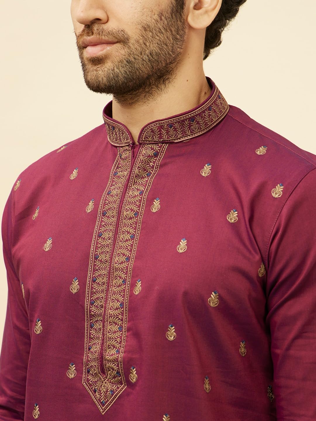 Manyavar Mens Maroon Blended Cotton Embroidered Kurta Pyjama Set