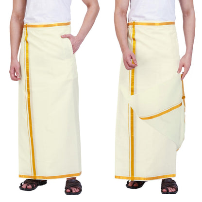 Prakasam Cotton Mens Free Size Stitched Double Layer Cream Dhoti/Mens Cotton Double Stitched Dhoti (Pack Of 1 Dhoti Only)