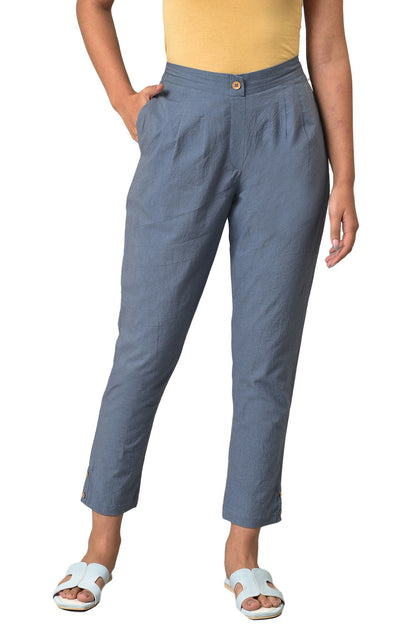 Aurelia Grey Solid Cotton Regular Trousers for Women