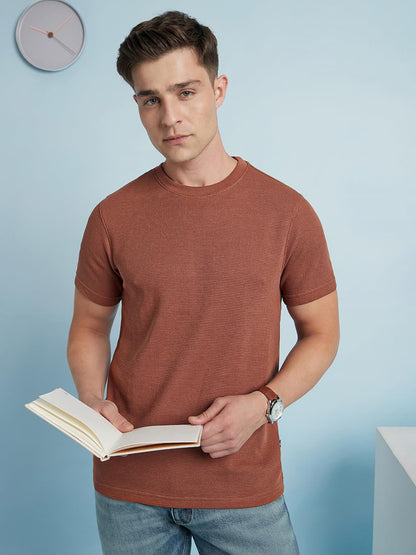 Dennis Lingo Men Cotton Blend Regular Fit Solid Textured T-Shirts Rust