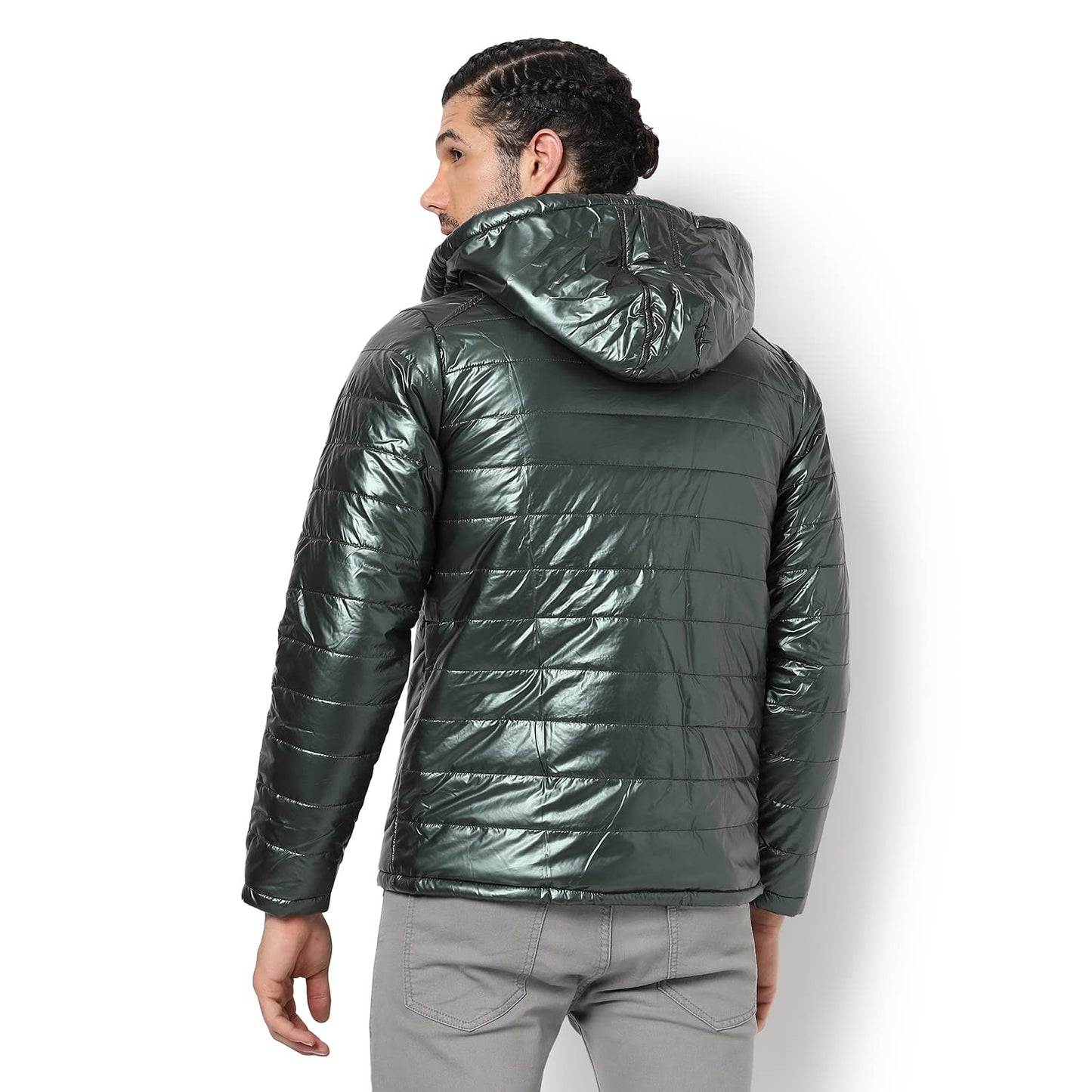 Campus Sutra Mens Metallic Green Quilted Puffer Regular Fit Bomber Jacket For Winter Wear | Hooded Collar | Full Sleeve | Zippe