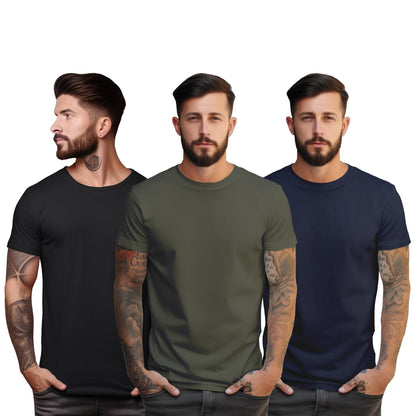 Peppyzone S to 5XL Cotton Round Neck Tshirt for Men - 100% Cotton, Half Sleeve, Combo Pack of 3 T Shirts for Men (in, Alpha, 2XL