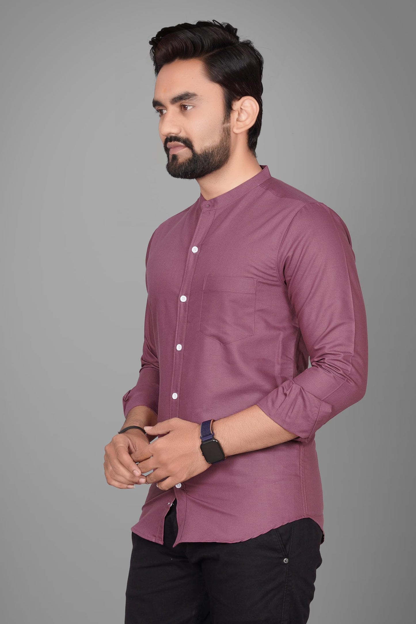Besix MenS Cotton Solid Shirt With Mandarin Collared Full Sleeve Button Closure Curved Hem Straight Length And One Pocket | Mdr