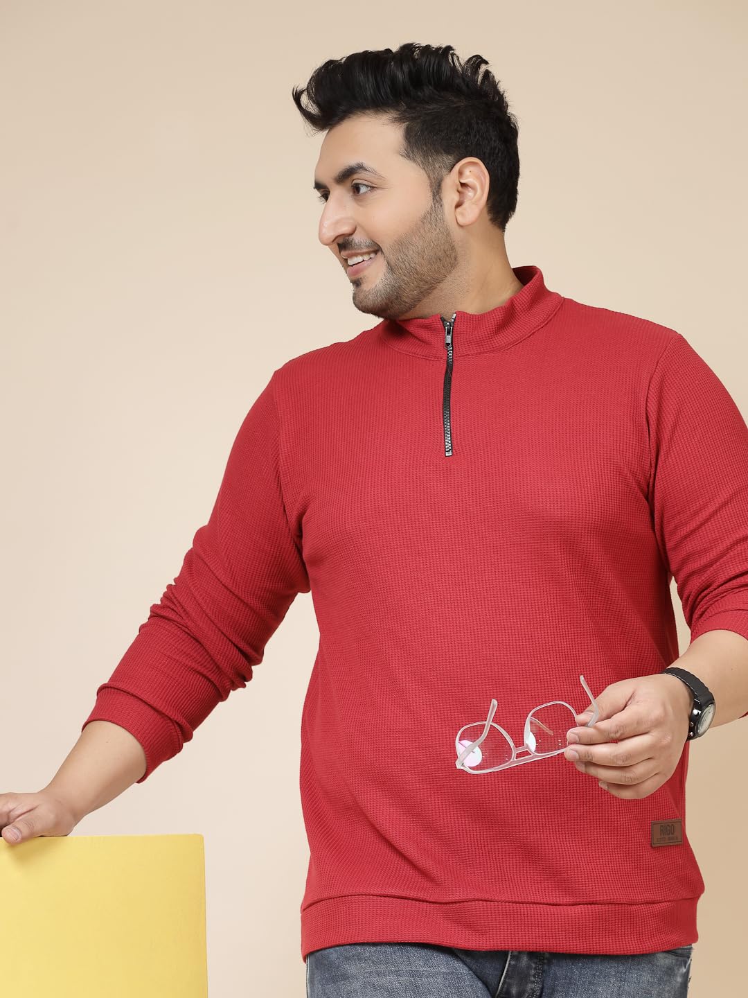 Rigo Waffle Knit Solid Plus Size T-Shirt for Men | Full Sleeves T-Shirt | Solid T-Shirts for Man | Stylish, Casual Wear Plus Siz