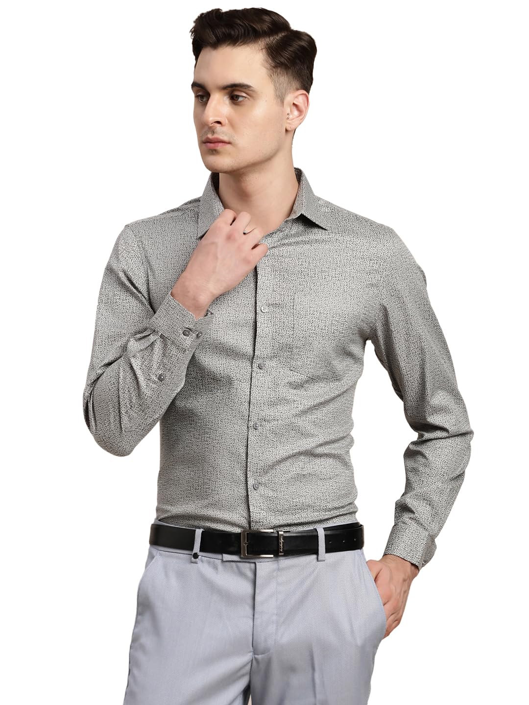Turtle Men 100% Cotton Grey Printed Slim Fit Formal Shirt
