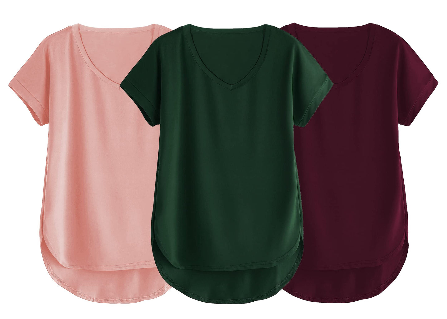 Fabricorn Combo Of Three Plain Bottle Green, Dusty Rose And Wine V-Neck Up And Down Cotton Tshirt For Women (Bottle Green, Dusty