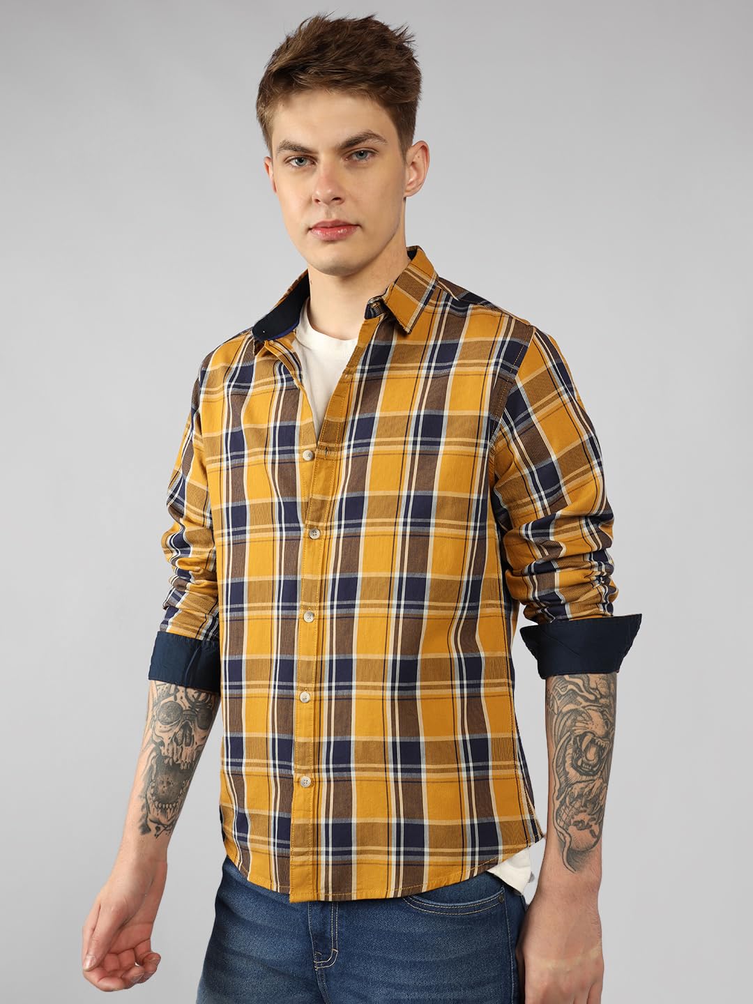 Dennis Lingo MenS | Yellow | Checks | Regular Collar | Full Sleeve | Relaxed | Casual Shirt