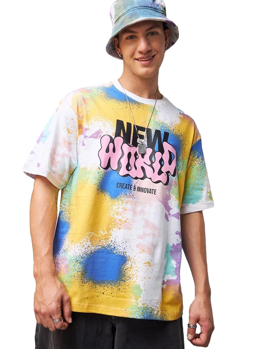 Bewakoof MenS Tie & Dye Super Loose Fit Half Sleeve Round Neck Cotton Jersey T-Shirt 616992 White_S