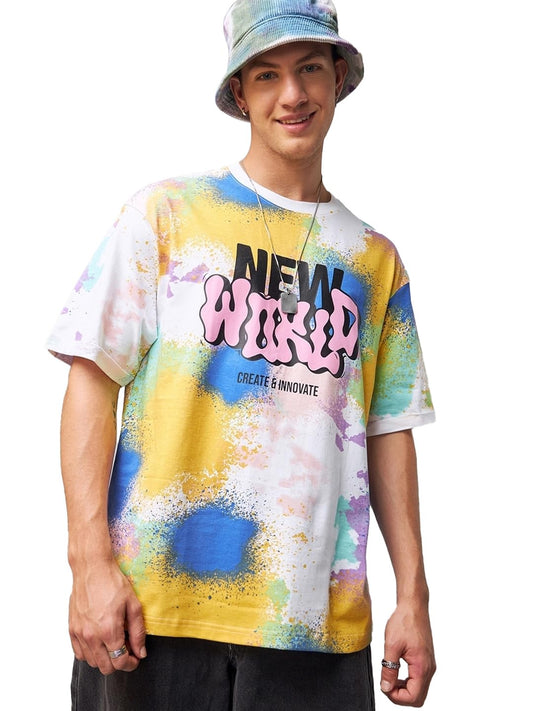 Bewakoof MenS Tie & Dye Super Loose Fit Half Sleeve Round Neck Cotton Jersey T-Shirt 616992 White_S