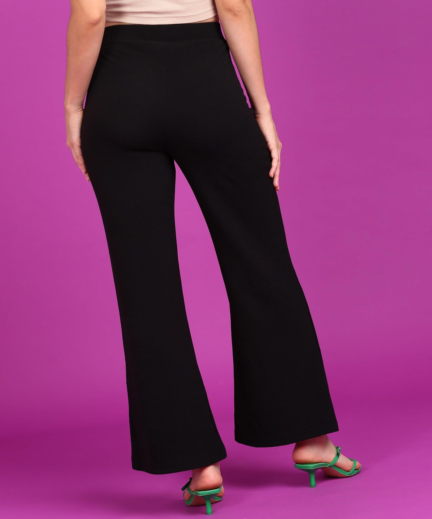 POPWINGS Casual High-Waist Flared Trousers for Women | High-Rise Flared Trousers for Formal Office Wear - Black