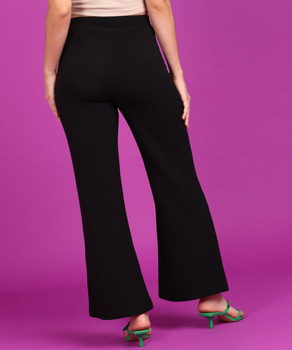 POPWINGS Casual High-Waist Flared Trousers for Women | High-Rise Flared Trousers for Formal Office Wear - Black
