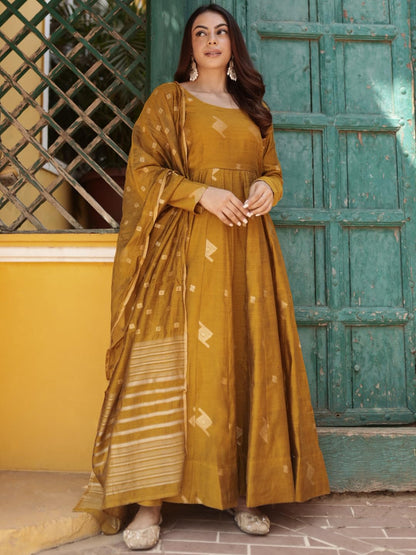 Libas Womens Chanderi Silk Woven Design Regular Fit Kurta Sets (34742_Mustard