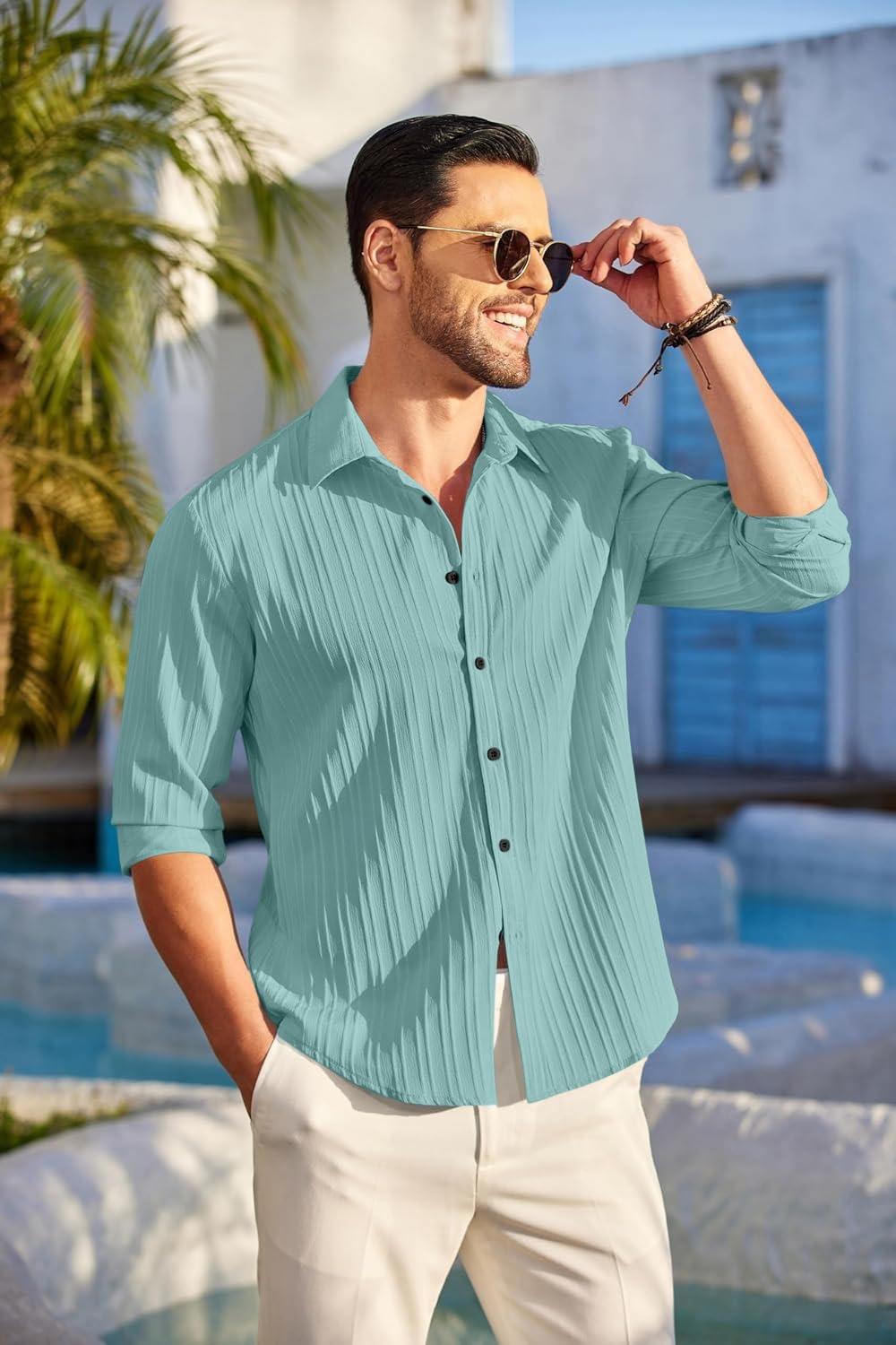 Finivo Fashion MenS Casual Cotton Plain Button Down Shirt Long Sleeve Textured Summer Beach Shirt For Men Turquoise