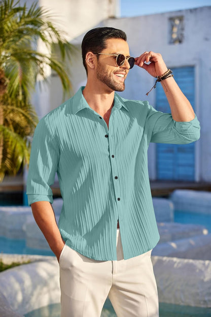 Finivo Fashion MenS Casual Cotton Plain Button Down Shirt Long Sleeve Textured Summer Beach Shirt For Men Turquoise