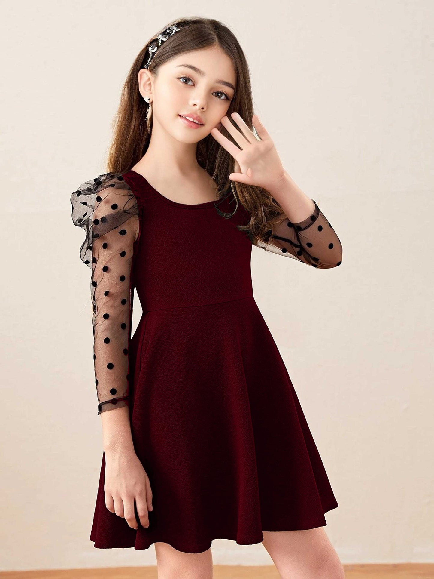 Kuduzo GirlS Cotton Blend Midi Dress With Long Net Sleeves Round Neck Solid Pattern Above Knee Length Regular Fit And Flare Mar