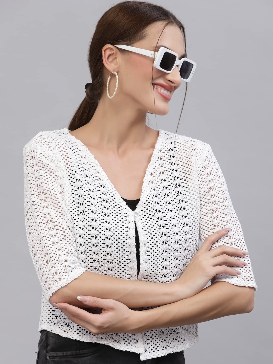 Style Quotient Women Self Design White Cotton lace Regular Smart Casual Shrug