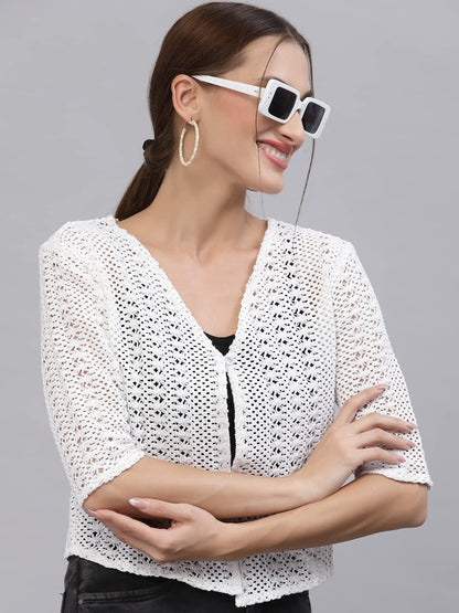 Style Quotient Women Self Design White Cotton lace Regular Smart Casual Shrug