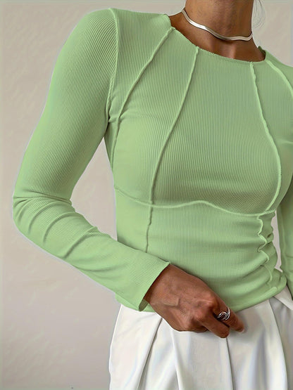 Shasmi Womens Elegant Solid Pista Solid Color Split Bust Long Sleeved Round Neck New Spring and Summer Plain Everyday Matching