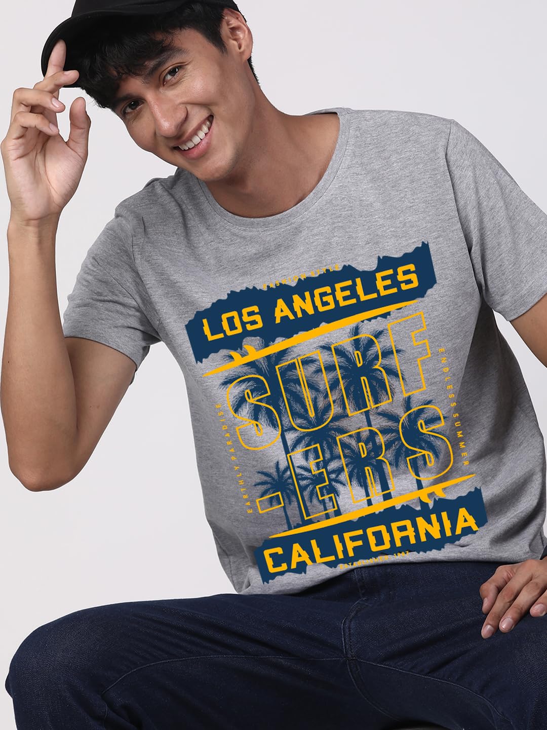 ADRO LA Surfers California Printed T-Shirt for Men - 100% Cotton, Regular Fit, Soft Breathable Fabric. (RN23-M-SRF-GR_Grey)