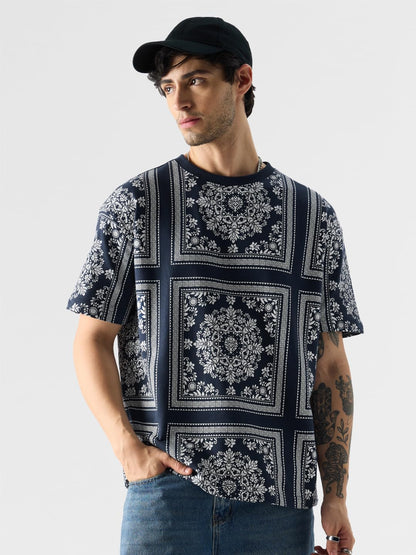 The Souled Store Fusion Bandana Men and Boys Short Sleeve Round Neck Blue All Over Print 100% Cotton Oversized Fit T-Shirts Over