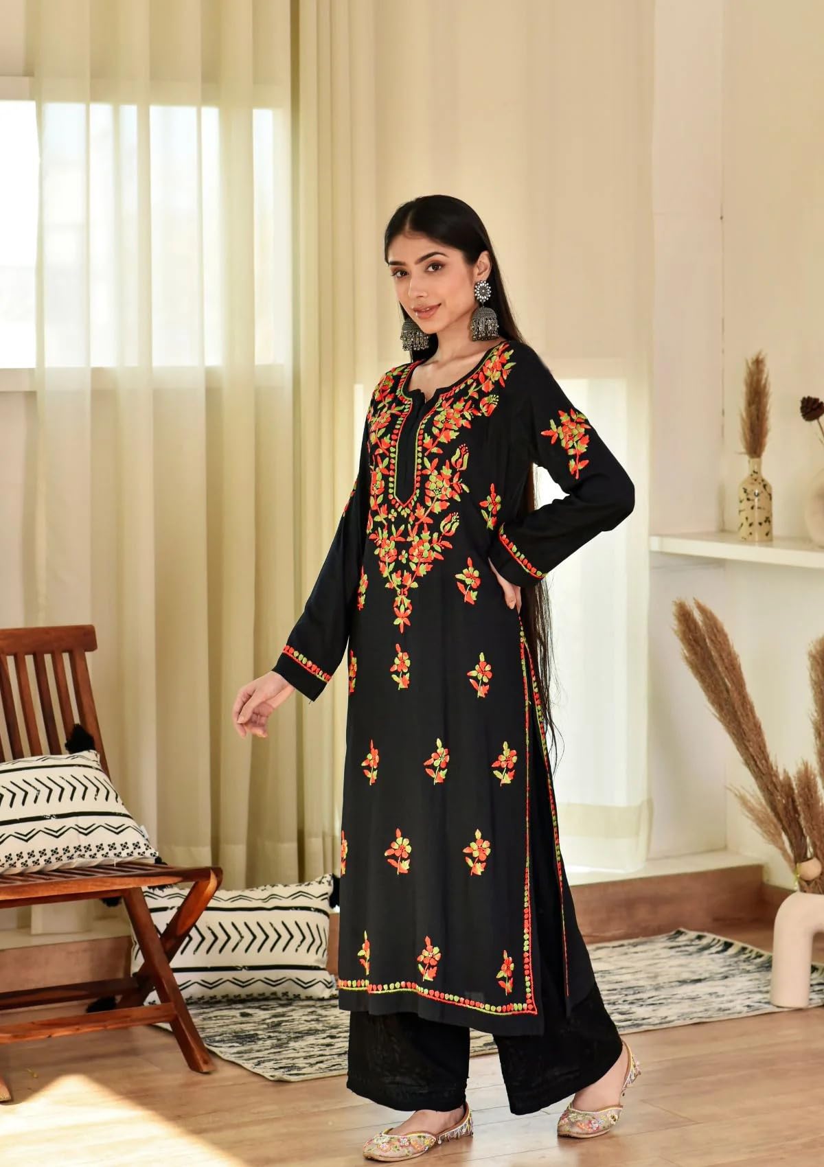 ANNI DESIGNER Women's Cotton Blend Embroidered Straight Kurta