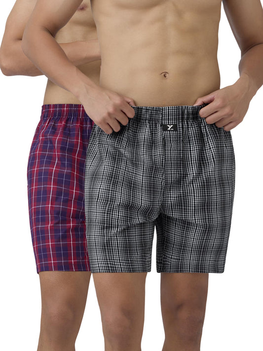 XYXX Mens Super Combed Cotton Checkmate Boxer Shorts Elasticated Waist, Drawstring | Loungewear for Men Pack of 2 (XL; Black &