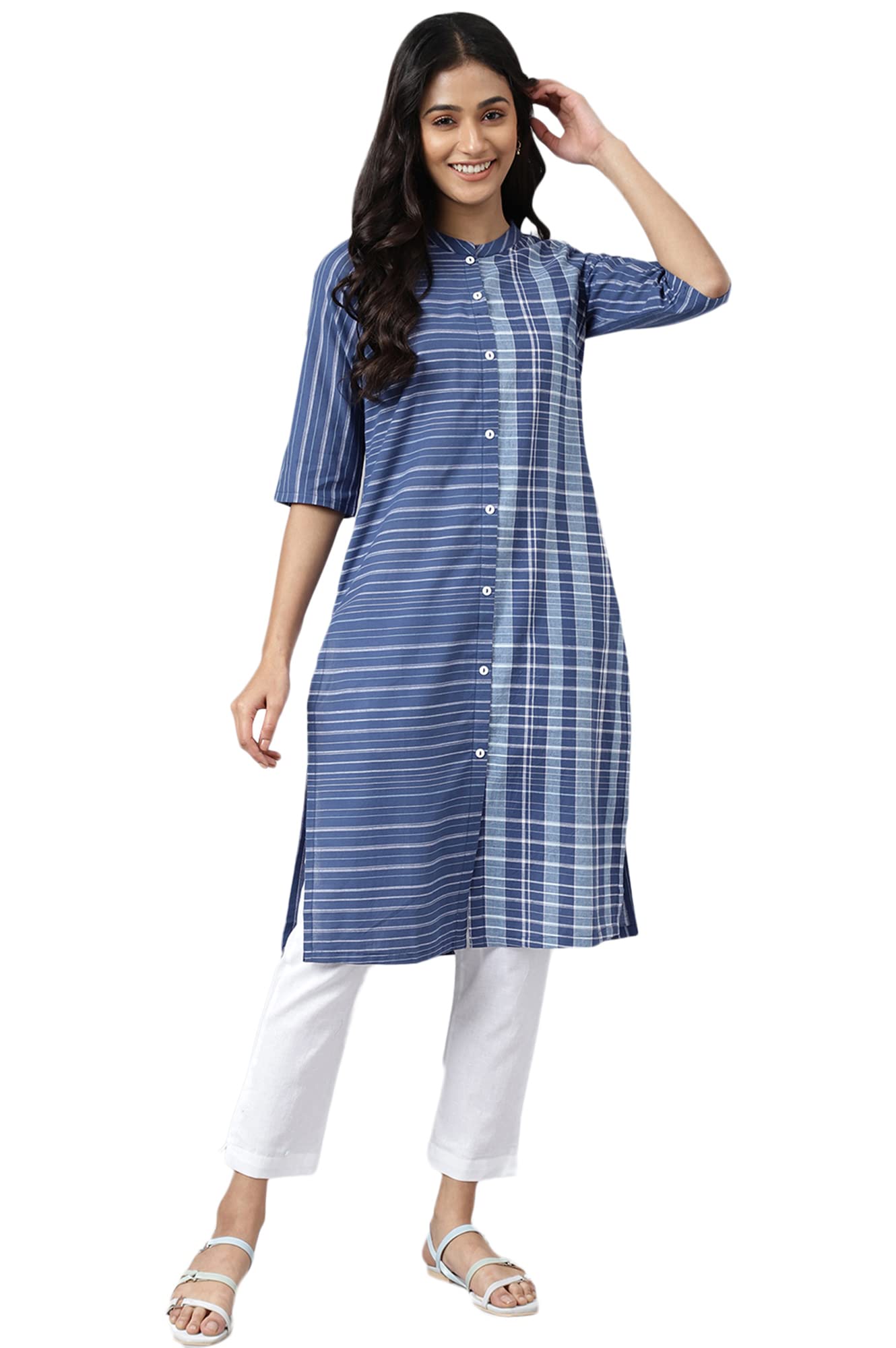 Aurelia Women's Cotton Geometric Regular Shirt (23AUA13368-703590_Deep Blue