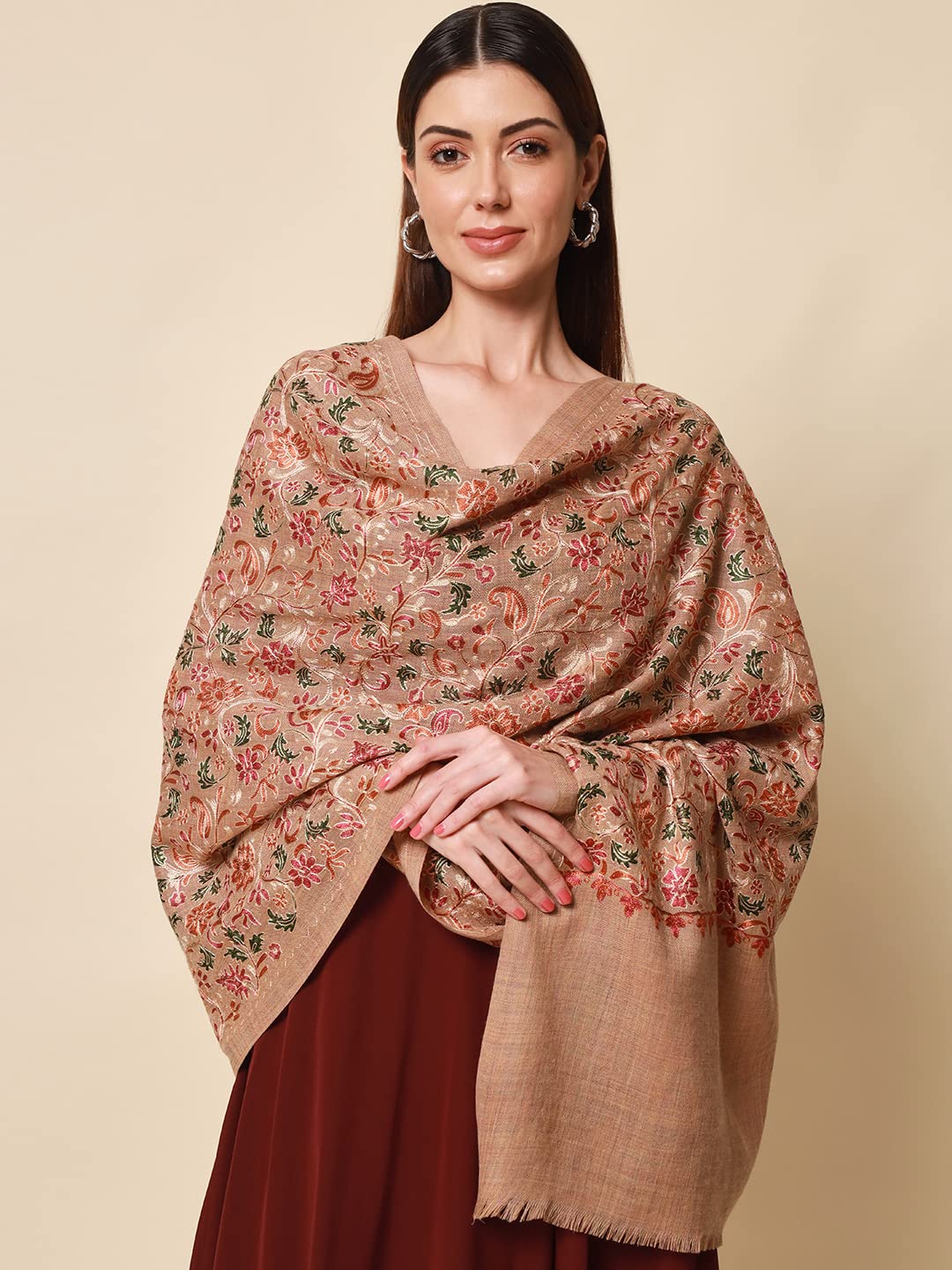 Pashmoda Womens 100% Pure Wool Nalki Embroidered Stole, Shawl and Wrap, Woolmark Certified, Sustainable and Natural Fabric (Size