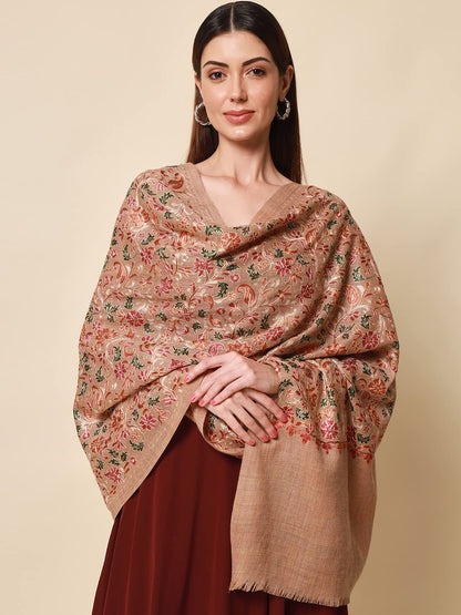 Pashmoda Womens 100% Pure Wool Nalki Embroidered Stole, Shawl and Wrap, Woolmark Certified, Sustainable and Natural Fabric (Size