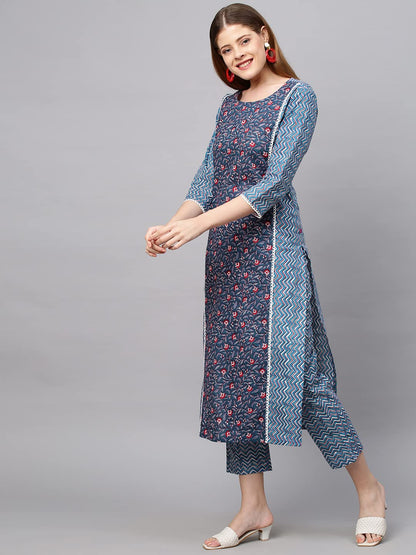 GoSriKi Women's Cotton Blend Printed Straight Kurta with Pant & Dupatta (Pinkari-GO)