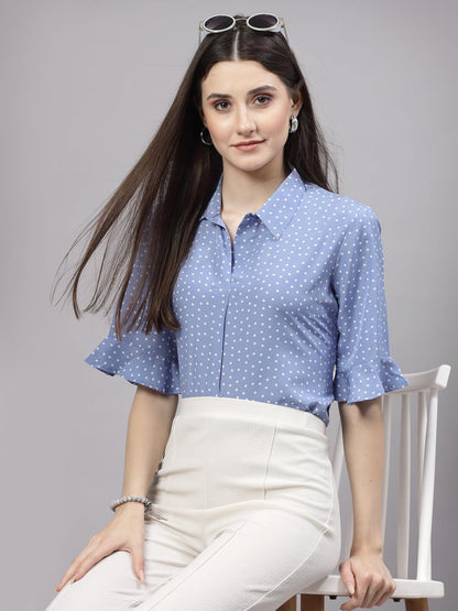 Style Quotient Women Smart Blue & White Polk Dot Flare Sleeve Top