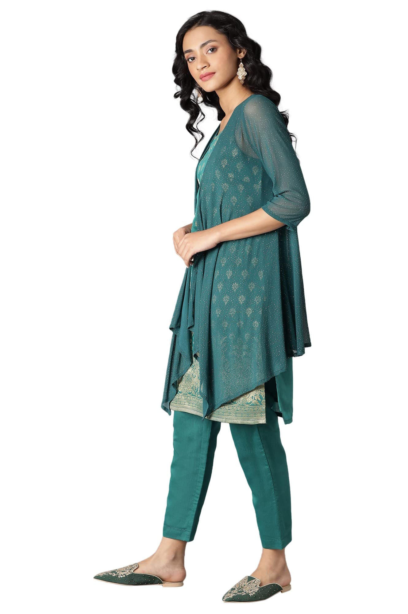 Aurelia Women's Polyester Red Polka Dots Front Open A-Line Kurta Set