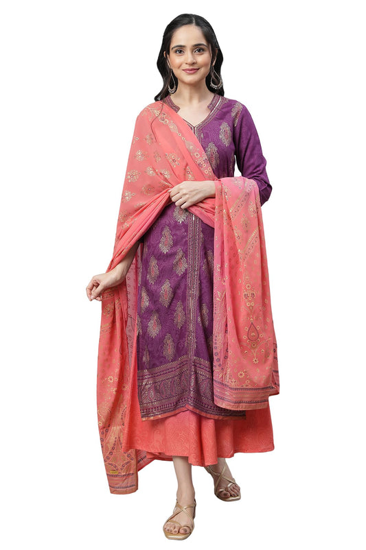 Aurelia Purple Festive Printed Kurta, Culottes & Dupatta Set