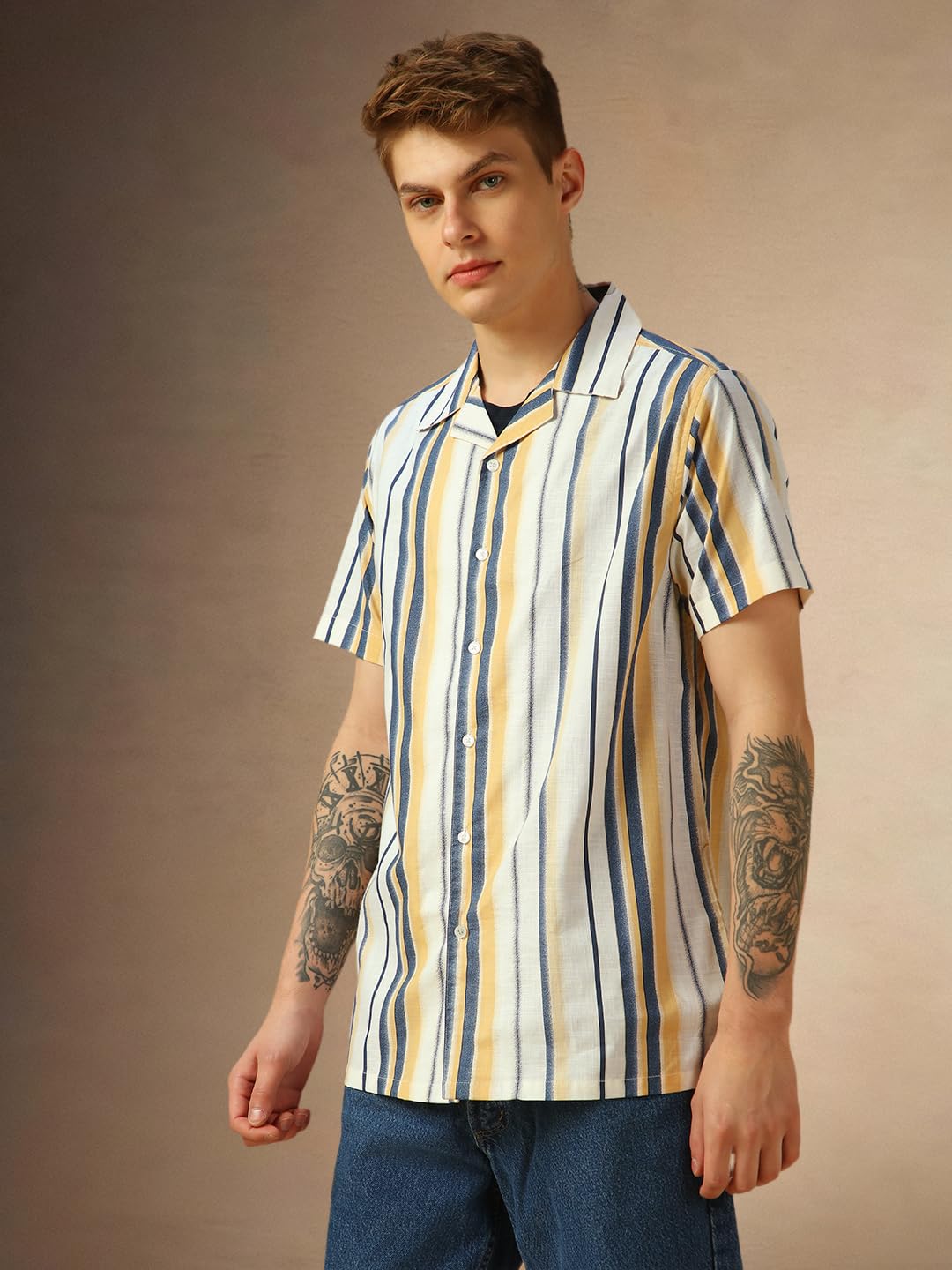 Dennis Lingo Men Relaxed Fit Poplin Half Sleeves Striped Shirts Yellow