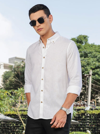 Thomas Scott Mens | Solid | Premium Irish Linen | Full Sleeve | Button Down Collar | Casual | Shirt for Men White
