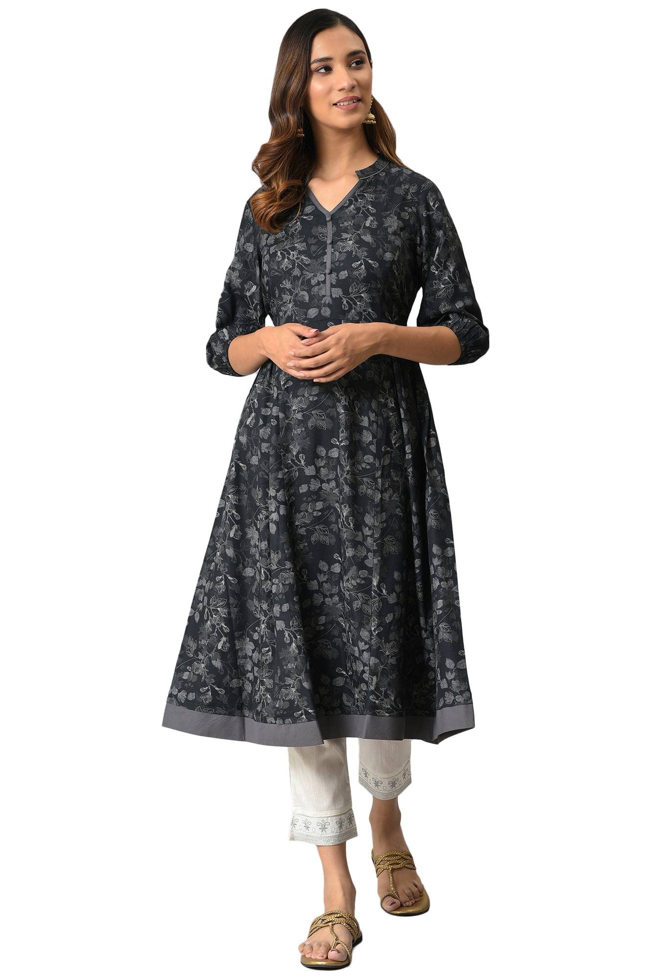 Aurelia Grey Floral Printed Printed Regular Kurta for Women