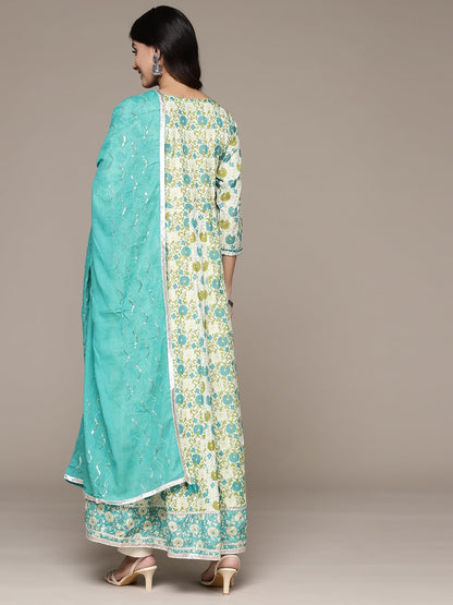 ishin Women's Viscose Rayon Floral Printed Green Anarkali Kurta Suit Set with Dupatta