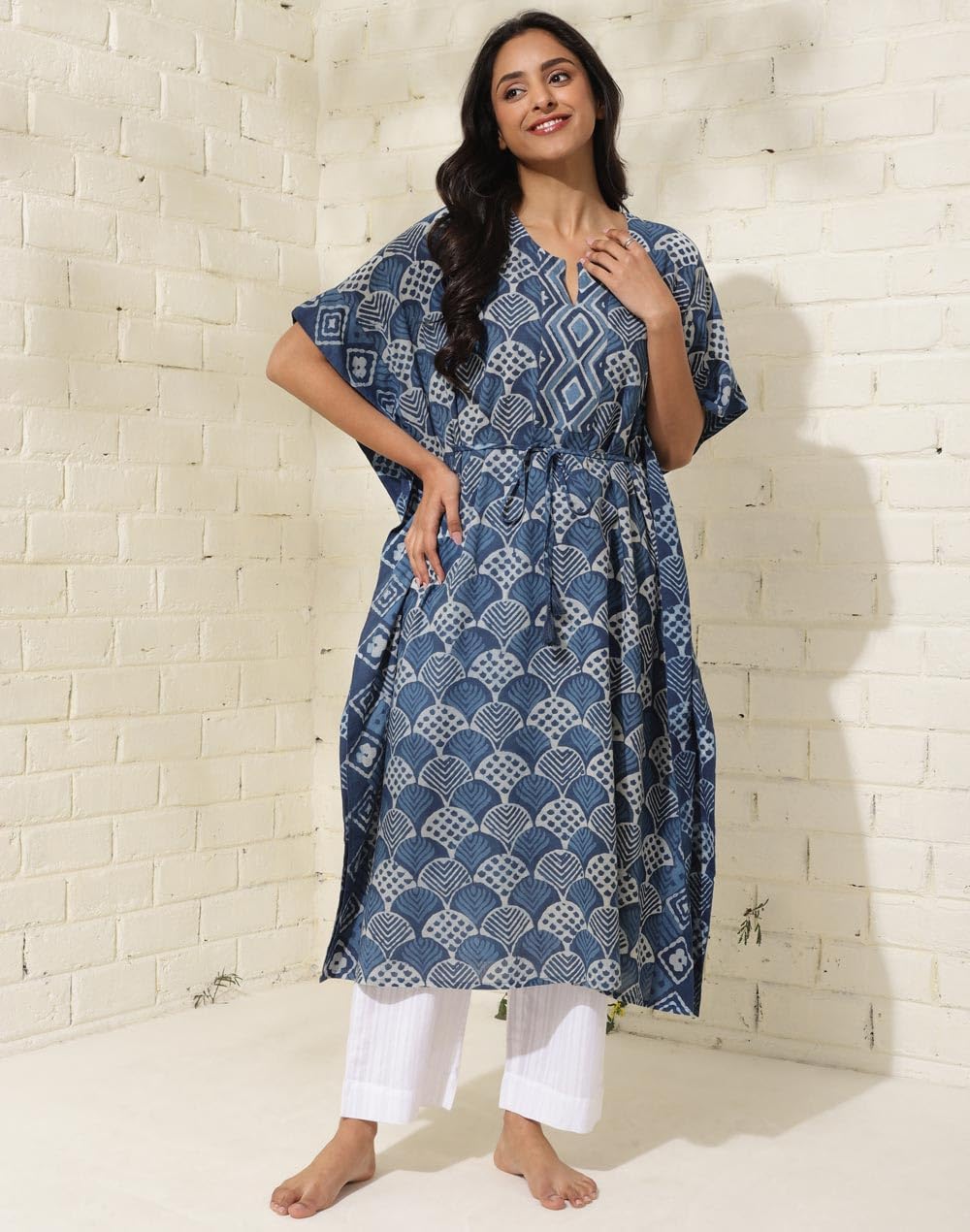 Fabindia Women's Cotton Straight Calf Length Kaftan Dress (1035763INDIGO_Indigo