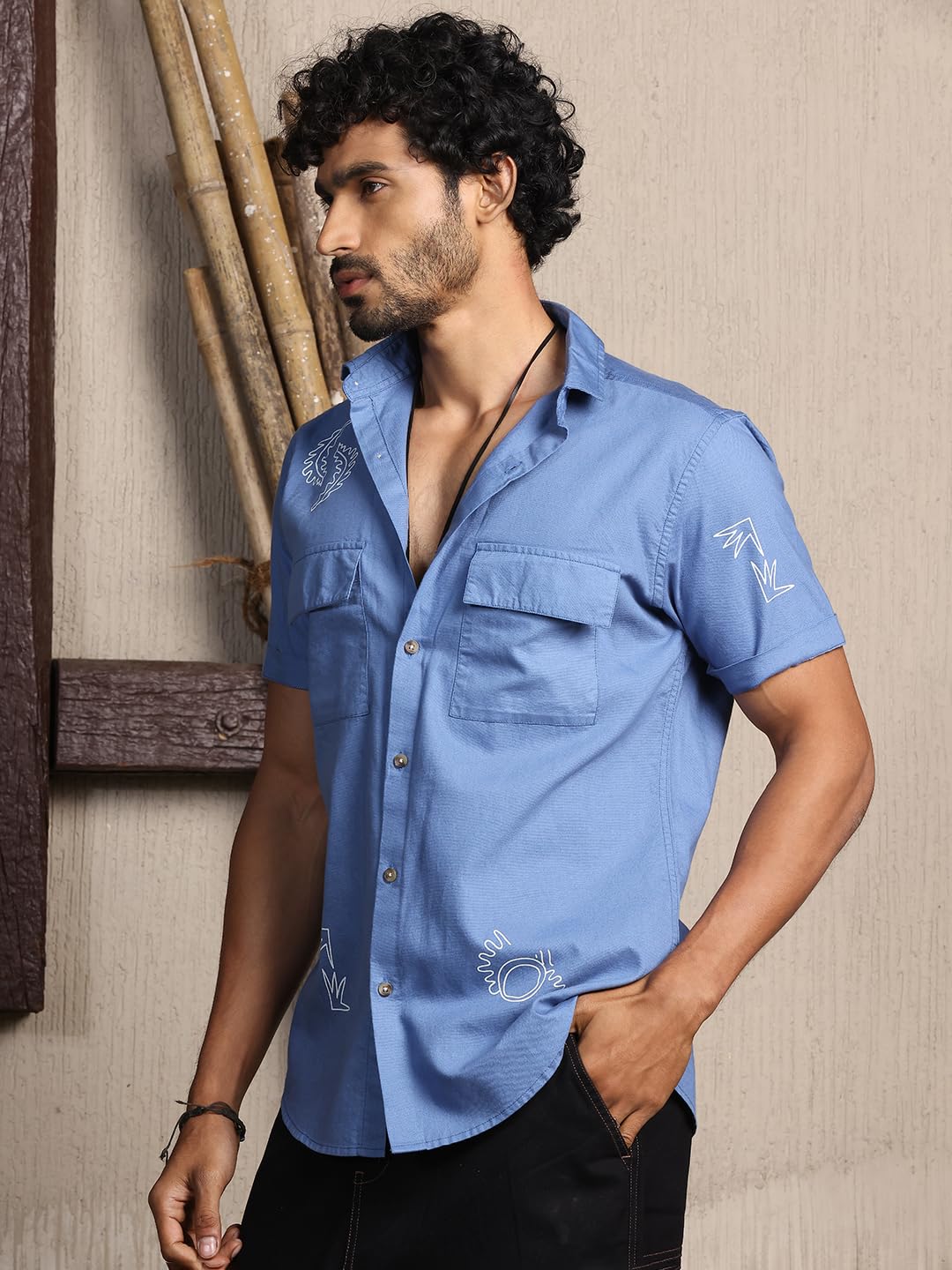 Thomas Scott Short Sleeve Double Pockets Self Printed Casual Shirts for Mens Blue