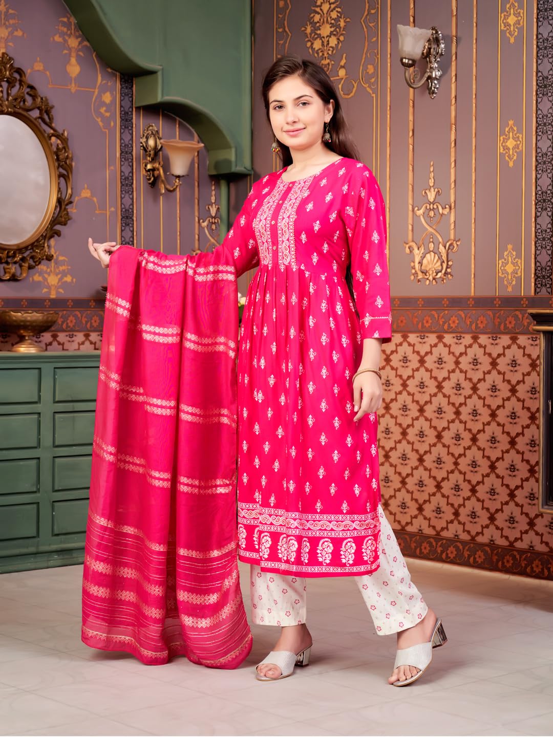 Aarika Girls Ethnic Wear Rani-Off White Colour Foil Print Rayon Kurti Pant Set-8-15 Years (Kp-Sd-5889)
