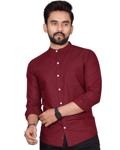Besix MenS Cotton Solid Shirt With Mandarin Collared Full Sleeve Button Closure Curved Hem Straight Length And One Pocket | Mdr