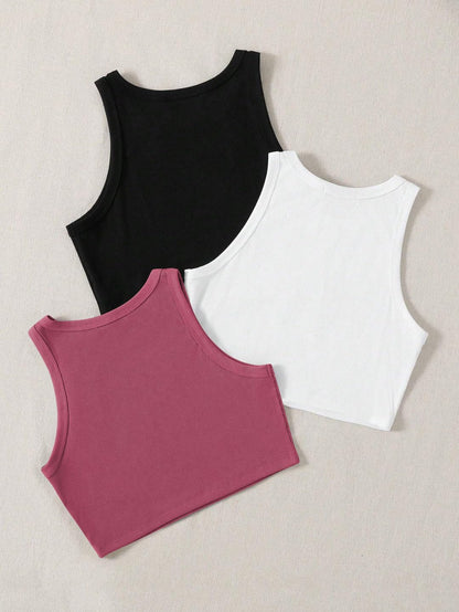 Toochki Tops for Woman | Spandex Top | Crop | Short | for Jeans | Sleeveless | Western | Stretchable | Pack of Three | Black-Whi
