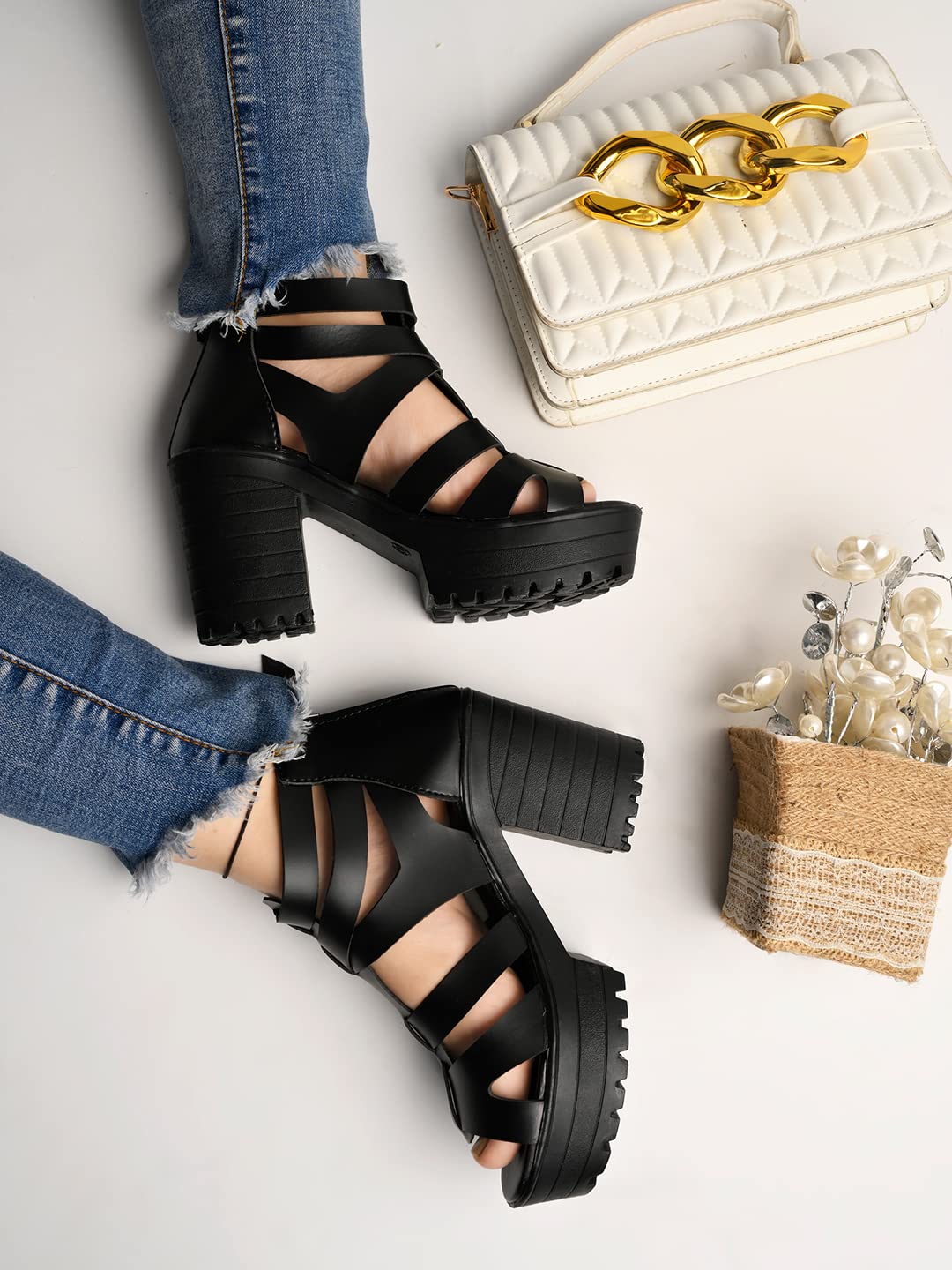 Shoetopia Smart Casual Black Block Heeled Sandal For Women
