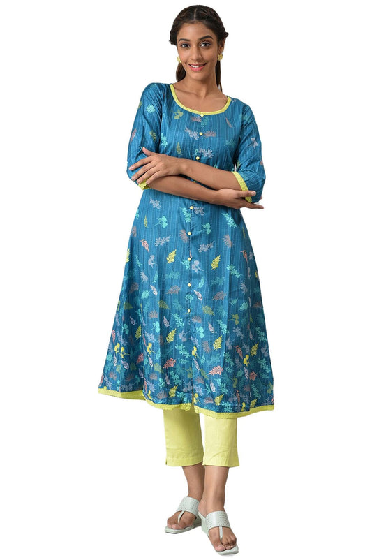 Aurelia Women Silk Straight Fit Seaport Kuchai Floral Printed Straight Kurta