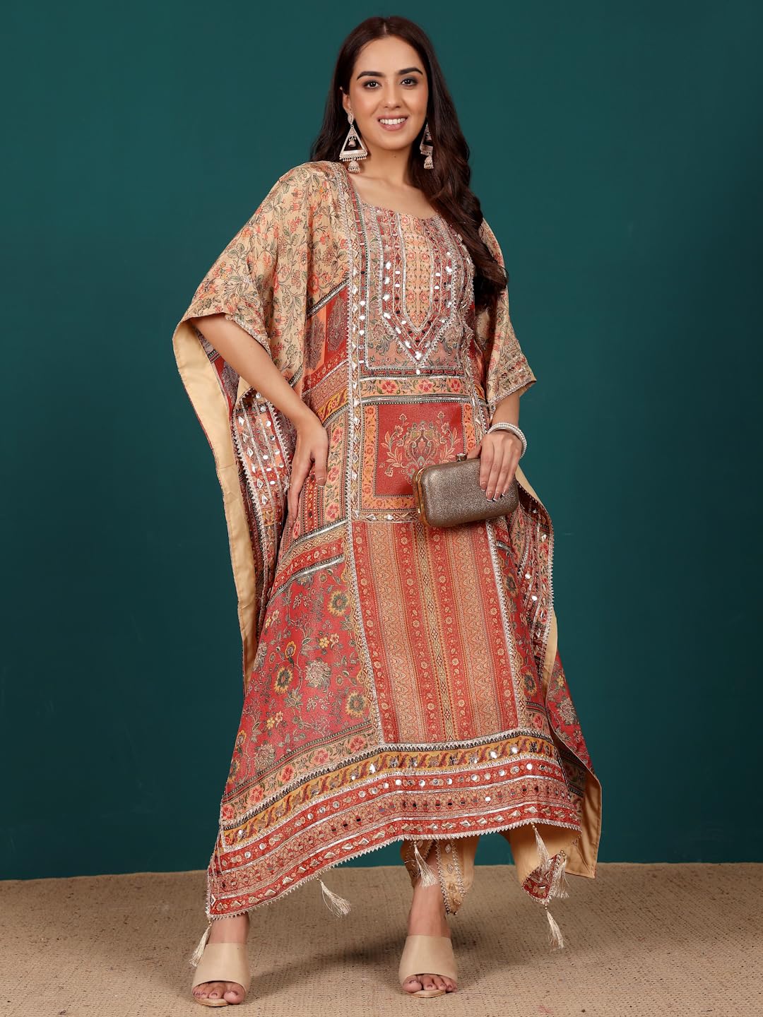 Varanga Women Ethnic Printed Mirror & Gota Embelished Kaftan with Dhoti Pants