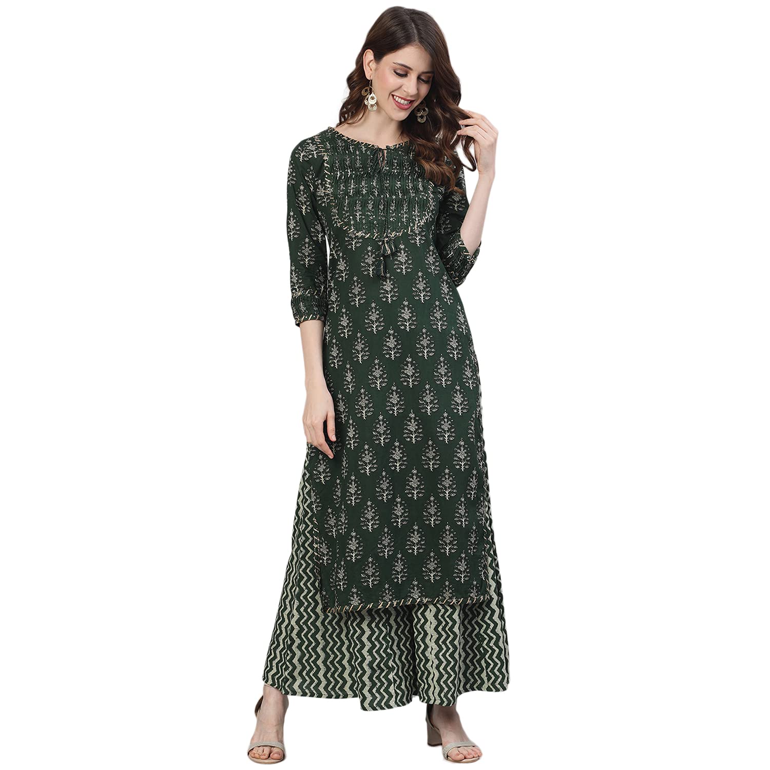 ishin Women's Pure Cotton A-Line Printed Gotta Patti Colourblocked print Green Kurta suit set with Palazzo
