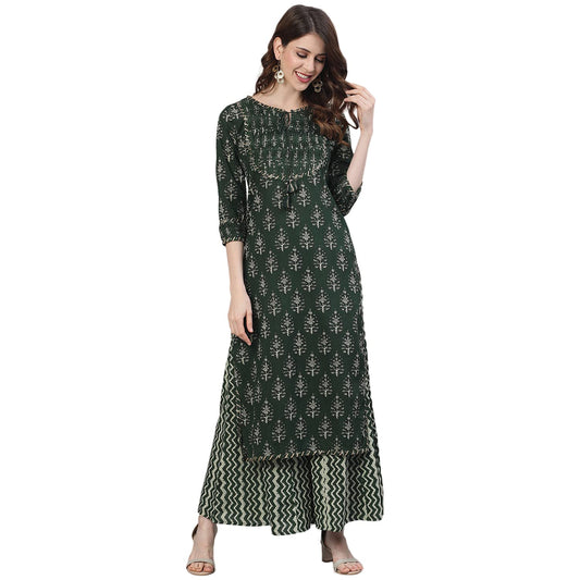 ishin Women's Pure Cotton A-Line Printed Gotta Patti Colourblocked print Green Kurta suit set with Palazzo