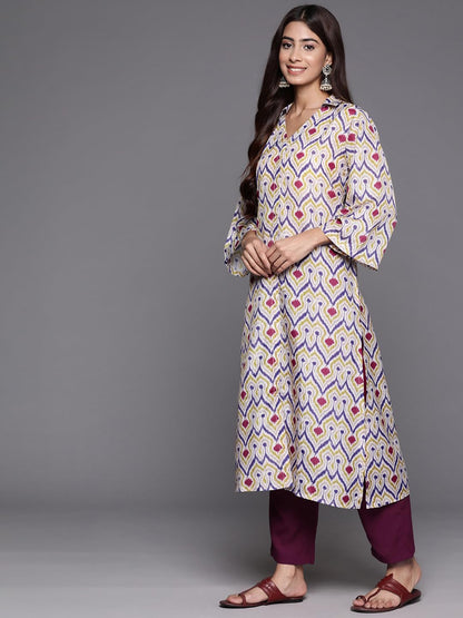 Varanga Women Off White Ikat Printed Shirt Collar Straight Kurta Paired with Violet Solid Bottom.
